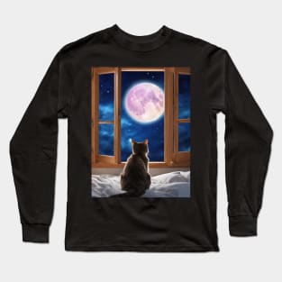 Cute Full Moon Night Sky Cat Looking Out Window Long Sleeve T-Shirt